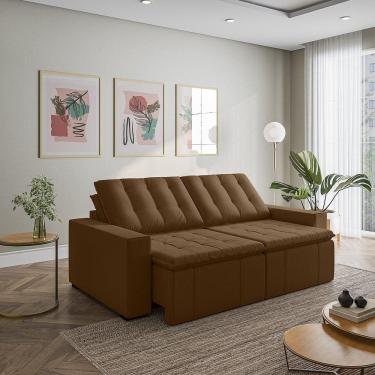 Imagem de Sofá Cama Retrátil e Reclinável 3 Lugares 260cm em Veludo com Molas e Braço Reto Palmeira Cabecasa M Marrom