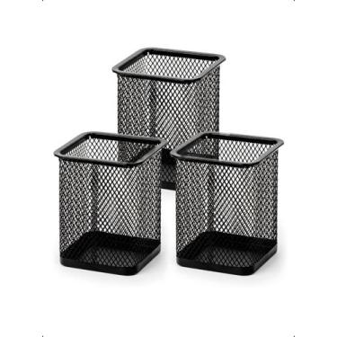 Imagem de Kit 3 Porta Caneta Premium Quadrado Organizador Mesa Aramado - Preto -