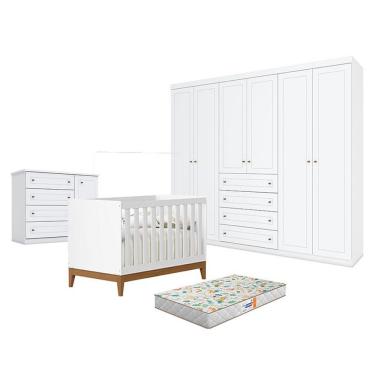 Imagem de Quarto De Bebê Americano 6 Portas Com Berço Americano Flip Branco Acetinado Reller E Colchão Gazin - Henn