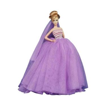 Imagem de Conjunto De Vestido De Casamento Rosa E Véu De Renda Para Boneca De 11