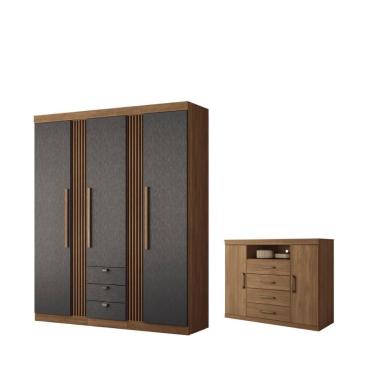Imagem de Kit Guarda Roupa e Cômoda Casal Denver Jatobá Grafite 4 Portas 3 Gavetas MDP com Cabideiros Casah