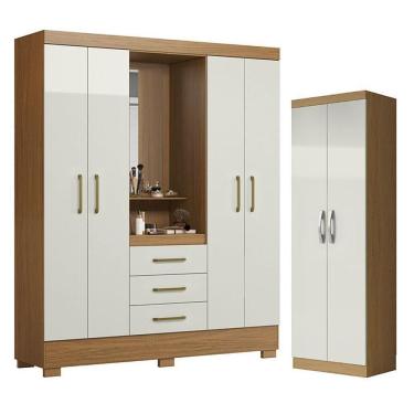 Imagem de Guarda Roupa Solteiro Paris 4 Portas 3 Gavetas MDP Atacama Off White + Armário Multiuso New Aramóveis