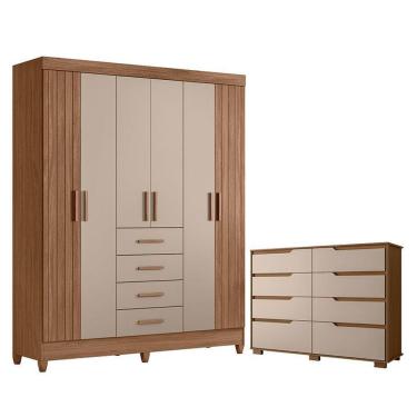 Imagem de Kit Guarda Roupa Solteiro Aruba e Cômoda Georgia 6 Portas 12 Gavetas MDP-MDF Carvalho Fendi Fosco Moval Móveis