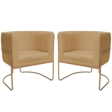 Imagem de Kit 02 Poltronas Decorativas Betina Base Aço Ouro Fosco Bouclé Camel - Nexta Casa