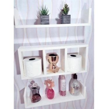 Imagem de Kit 2 Prateleiras 1 Nicho Colmeia Para Decoração De Banheiro Mdf Branc