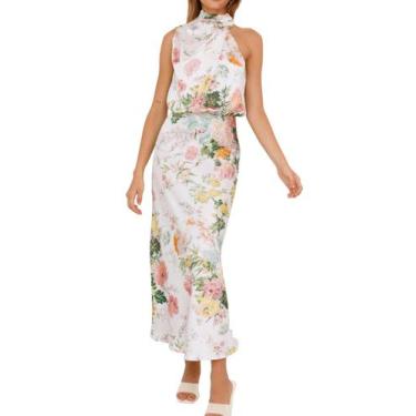 Imagem de Vestido Longo de Cetim PRETTYGARDEN Sem Mangas com Gola Alta Branco Ta