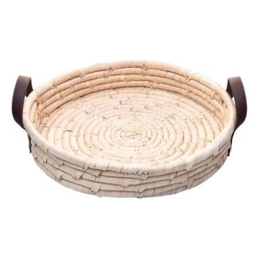 Imagem de Bandeja Redonda Decorativa de Fibra Natural e Alca em Couro Braid Lyor