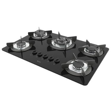 Imagem de Cooktop a Gás Terim Safe 5 Bocas Vidro Temperado Ferro Fundido Tripla Chama Preto Bivolt
