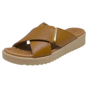 Imagem de Tamanco Feminino Conforto Couro Anabela Baixo Usaflex, Tan, 36