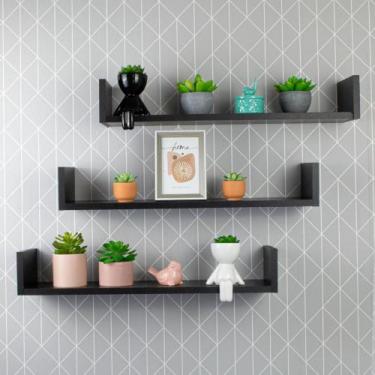 Imagem de Kit 3 Prateleiras Nichos em U 60x15 MDF Preto com Suporte Flutuante In