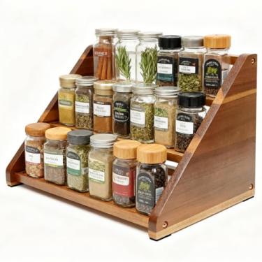 Imagem de Porta-temperos de madeira de acácia para bancada – Bandeja de madeira comporta 24 potes organizador de temperos para prateleira de armazenamento – Organizador de 3 prateleiras de especiarias em
