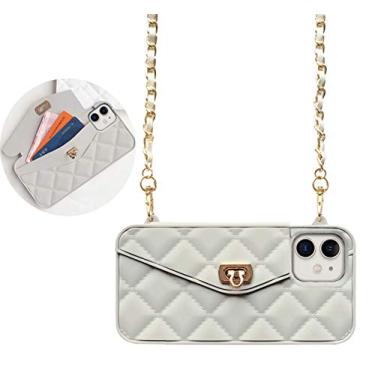 Imagem de UnnFiko Capa carteira compatível com iPhone Mini, design de bolsa luxuosa leve e fofa, capa flip para cartão, capa de silicone macio com alça de ombro longa (cinza, iPhone 12 Mini)