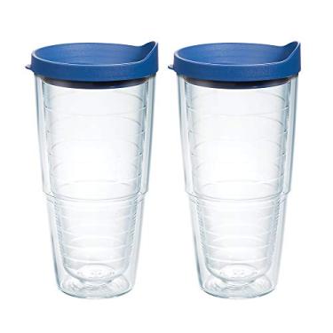 Imagem de Tervis Copo transparente e colorido de 680 g feito nos EUA com parede dupla, 2 unidades, tampa azul