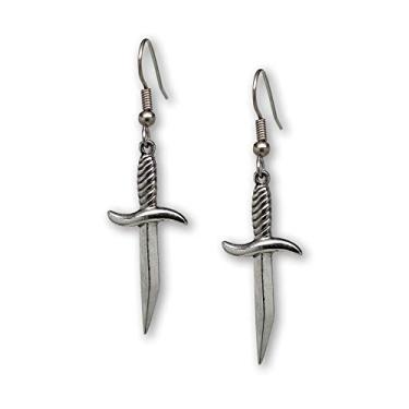 Imagem de Brincos pendentes com acabamento prateado renascentista medieval de pirata espada de adaga gótica