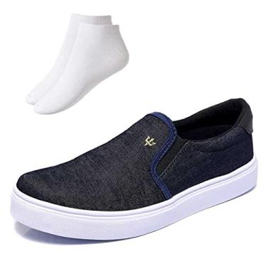 Imagem de Kit Tênis Masculino Slip Preto De Lona Sapatênis Sem Cadarço Extra Leve + Meia Cano Curto