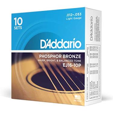 Imagem de D'Addario Cordas de guitarra – Cordas de guitarra acústica bronze fósforo – EJ16-10P – Rico espectro tonal completo – Para 6 guitarras de corda – 12-53 luzes, pacote com 10