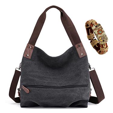 Imagem de Bolsa Feminina Lona Vintage Bolsa de Ombro Casual (Preto)