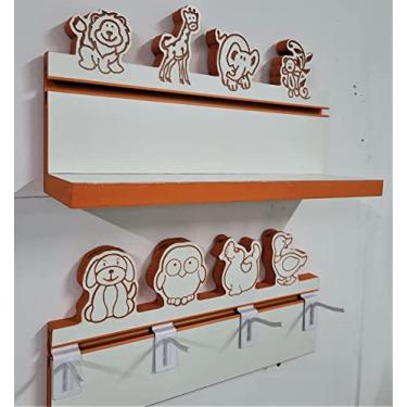 Imagem de Prateleiras Infantil Zoo Star com animais esculpidos madeira MDF Branco com contorno Laranja