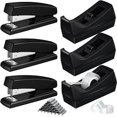 Imagem de Grampos de mesa Dispensadores de Fita Conjuntos Grampeadores para Mesa de Escritório Grampeador com Grampos Padrão Suporte de Fita Preto Dispensador de Fita de Mesa com Fita Branca para Escritório Escola (6 peças)