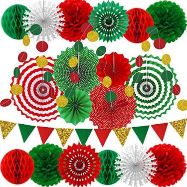 Imagem de Fãs de papel para decoração de festa de Natal, Garlands String Circle Dot, Bandeiras triangulares, Bola de colmeia, Pompom de papel para tecido, artigos de festa para Natal, aniversário de casamento, chá de bebê