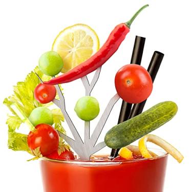 Imagem de Baderke 4 pacotes de galho de árvore gourmet picareta de coquetel de aço inoxidável sangrento maria e enfeites de coquetel prata sangrenta maria árvore palitos de espeto presente suporte de árvore de coquetel para bebidas frutas (estilo brilhante)