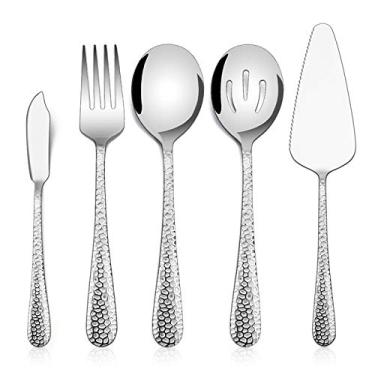 Imagem de Conjunto de utensílios para servir martelados E-far, 5 peças de aço inoxidável, conjunto de servir para restaurante de cozinha de festa de bufê, acabamento espelhado e lavável na máquina de lavar louças