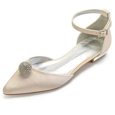 Imagem de Sapatos de casamento para noivas mulheres sapatilhas sapatilhas com fivela de cetim bico redondo sapatos com strass 36-43,Champagne,8 UK/41 EU