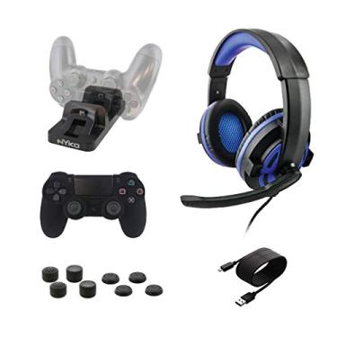 Imagem de Nyko Master Pak para PlayStation 4 – Kit completo de acessórios para PS4 – Tudo o que um jogador precisa – Fone de ouvido com fio, base de carregamento, 2 películas de controle, 8 tampas de polegar e cabo de carregamento – PlayStation 4
