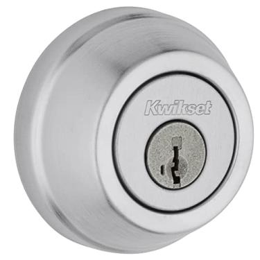 Imagem de Kwikset Fechadura Gatelatch, cromado acetinado redondo com chave na porta de entrada frontal externa e interna, segurança SmartKey Rekey resistente a palhetas, parafuso morto de cilindro duplo