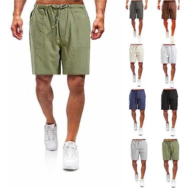 Imagem de Shorts masculinos casuais de linho, shorts masculinos casuais de linho de algodão com cordão e bolsos, shorts de praia de verão (Green,XX-Large)
