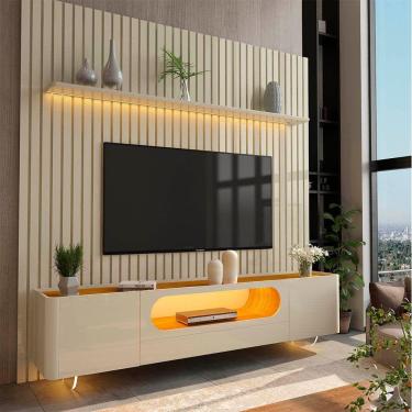 Imagem de Painel e Rack Nobre Ripado com LED Pés de Vidro 230 Off White - Gelius