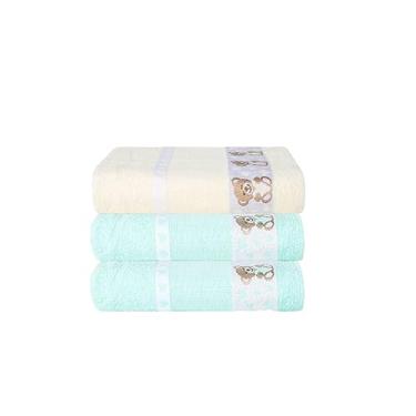 Imagem de Kit 3 Toalhas De Banho Infantil Ponto Cruz Barras Com Desenhos Bordados 75x1.10m (2 Verde Água + 1 Marfim)