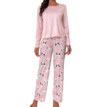 Imagem de SweatyRocks Conjunto feminino de manga comprida e gola redonda com acabamento de alface e calça para dormir, rosa, P