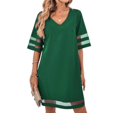 Imagem de Camisa Feminina Solid V Neck Contrast Mesh Tunic Dress (Color : Dark Green, Size : CH)