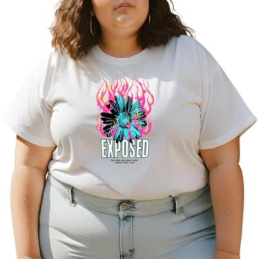 Imagem de Camiseta Feminina T-shirts Blusinhas Flor com Fogo Camisa Plus Size GuGi CF01-005 (Branco, G1)