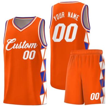 Imagem de Camiseta de basquete personalizada com shorts atléticos, roupa de treino esportiva leve personalizada para homens/jovens, Laranja/branco-royal 9, One Size