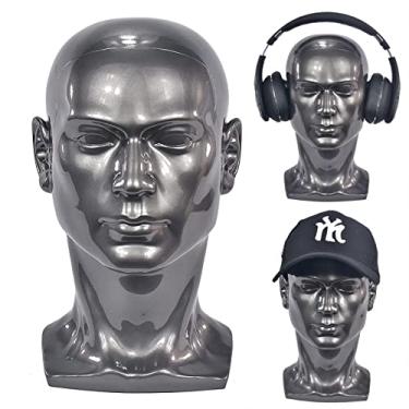 Imagem de ZMS Cabeça de Manequim Masculino Profissional, Cinza Brilhante, PVC Rígido, 30 cm, 53 cm, 900 g, para Fone de Ouvido, Chapéus, Perucas, Joias