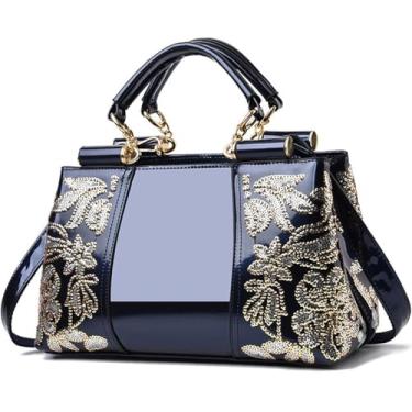 Imagem de XingChen Bolsa feminina de couro envernizado moderna, dupla face, bordada, bolsa de ombro com alça superior, Azul, One Size
