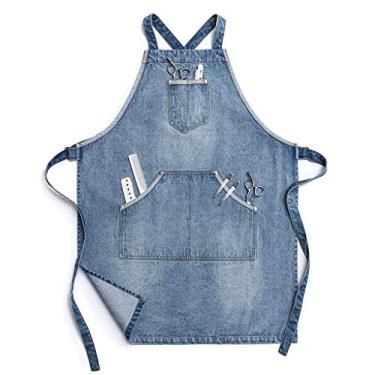 Imagem de Jeanerlor – Avental de brim de algodão com bolsos convenientes para mulheres e homens – Avental de jeans para cabeleireiro, chefe, artesão e barista, tiras cruzadas e ajustáveis P a G (azul jeans), AIWQ14LL, Denim Blue, Adjustable:M to XXL