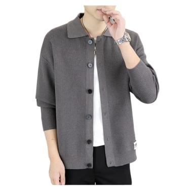 Imagem de Suéter masculino de malha de botão de cor sólida, suéter leve de manga comprida, Café, G