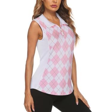 Imagem de Misyula Camiseta regata feminina para treino 1/4 com zíper 1/4 sem mangas Golf Polo Tennis Athletic Shirts, Xadrez rosa, P