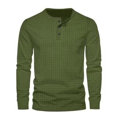 Imagem de Camisetas masculinas de manga comprida xadrez cor sólida abotoadas gola redonda pulôver camisetas casuais, Verde militar, P