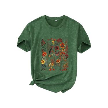 Imagem de MODNTOGA Camiseta feminina floral vintage com estampa de flores silvestres, manga curta, estampa de flores, retrô, grande, gola redonda, Verde, GG