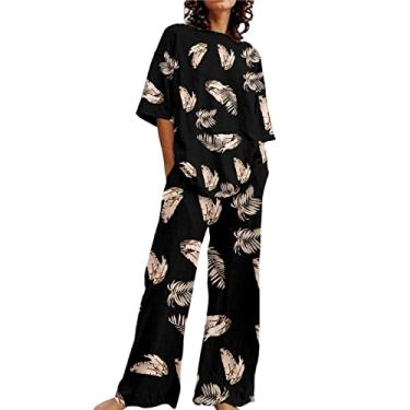 Imagem de Conjunto de duas peças de linho feminino casual de verão plus size, camisas de manga curta, tops grandes, algodão, pernas largas, conjunto de roupa de descanso, Za2-marrom, X-Large