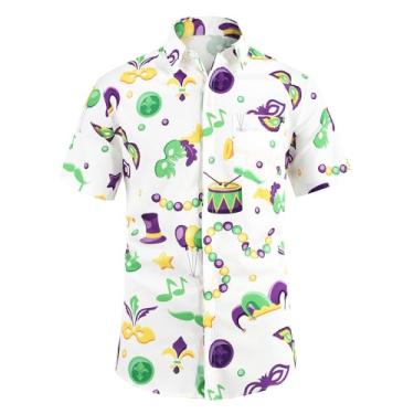Imagem de yolsun Camisa masculina de Mardi Gras, manga curta, casual, abotoada, festa havaiana na praia, Amarelo/verde, GG