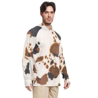 Imagem de Camiseta masculina com capuz manga comprida com estampa de vaca FPS 50 + camisetas masculinas Rash Guard UV, Preto, castanho, P