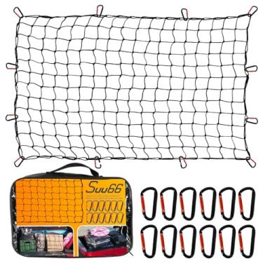 Imagem de Suu66 Rede de carga resistente para caminhonete, SUV – 1,8 m x 1,8 m se estende até 3,5 m x 53 cm – malha elástica de látex resistente – com 12 mosquetões de metal – Acessórios de cama de caminhão