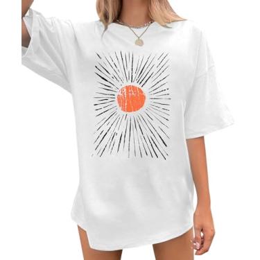 Imagem de Camiseta feminina grande com estampa de sol vintage estampa de sol, camisetas de caminhada, boho, verão, manga curta, Branco, M