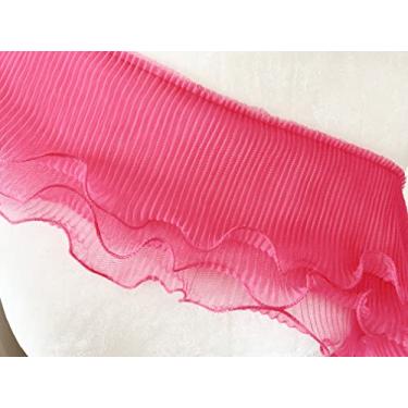 Imagem de PEPPERLONELY 3 metros plissado tule renda chiffon tecido fita franja elástico acabamento babados colarinho punhos DIY material de costura, 12,7 cm de largura, fúcsia