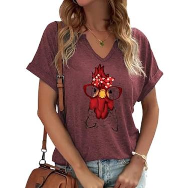 Imagem de Camiseta feminina divertida com estampa de galinha, gola V, manga curta, estampa de animal fofo, Vermelho - 8, M